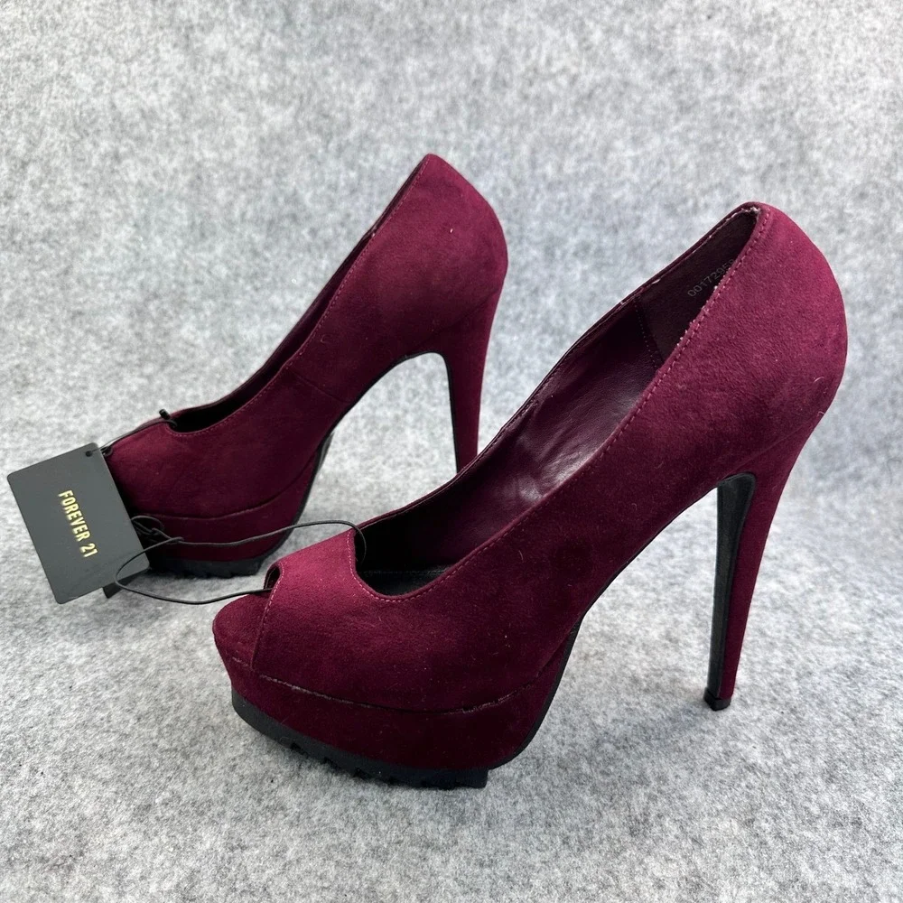 Forever 21 Womens Size 8.5 Heels Wine Faux Suede Peep Toe Platform Stilleto New